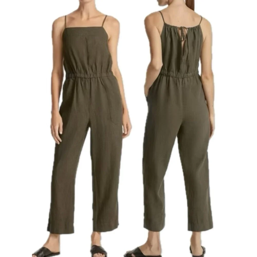 Everlane Linen Shoestring Apron Jumpsuit Womens Size XS Olive Cropped Sleeveless